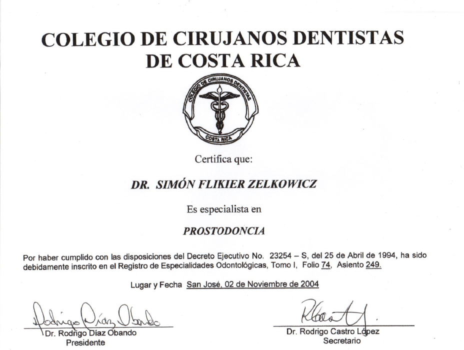 Costa Rica Dentist certificate