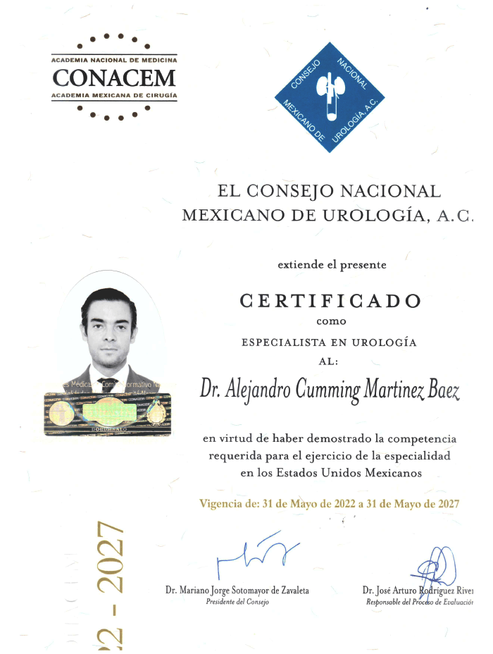 Cancun Urologist doctor certificate