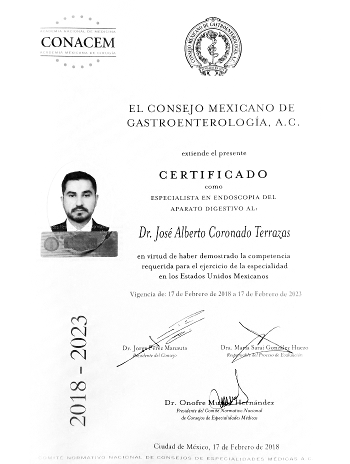 Ciudad Juarez endoscopist doctor certificate