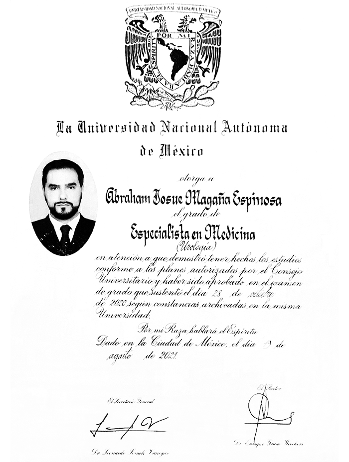 Estado de Mexico Urologist doctor certificate