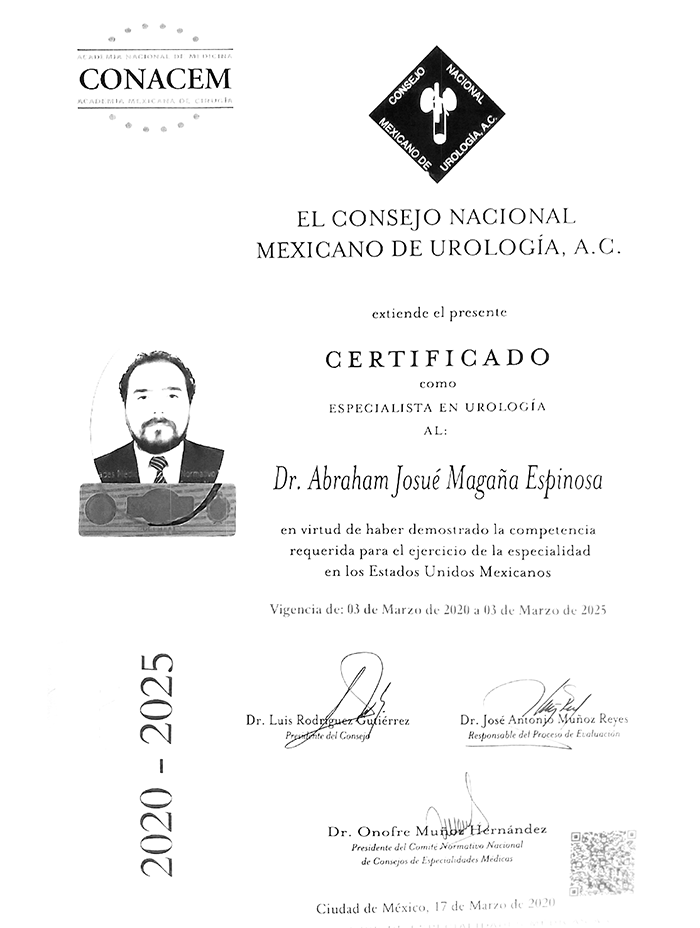 Estado de Mexico Urologist doctor certificate