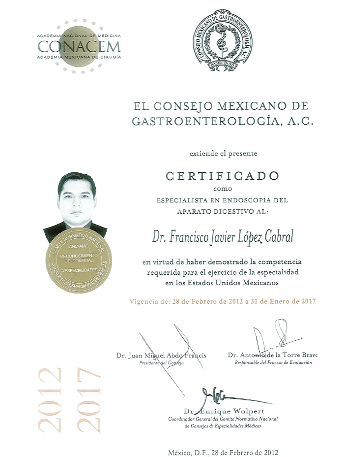 Guadalajara endoscopist doctor certificate