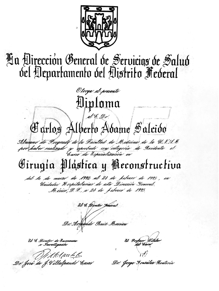 Hermosillo plastic surgeon doctor certificate