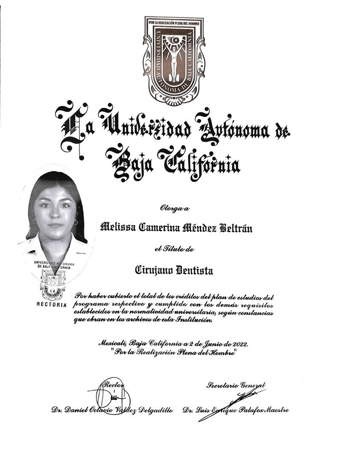 Mexicali dentist doctor certificate