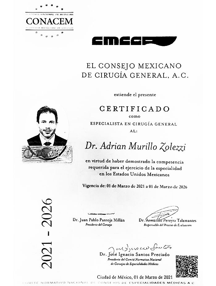 Mexico City general surgeon certificate