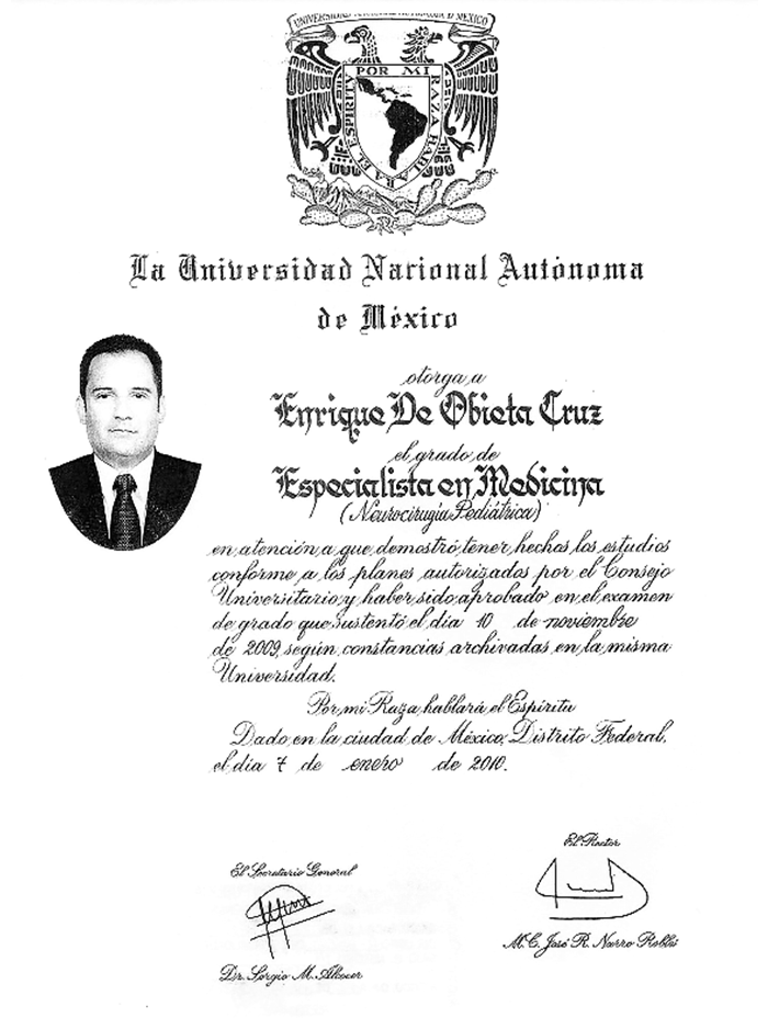 Mexico City Neurosurgeon certificate
