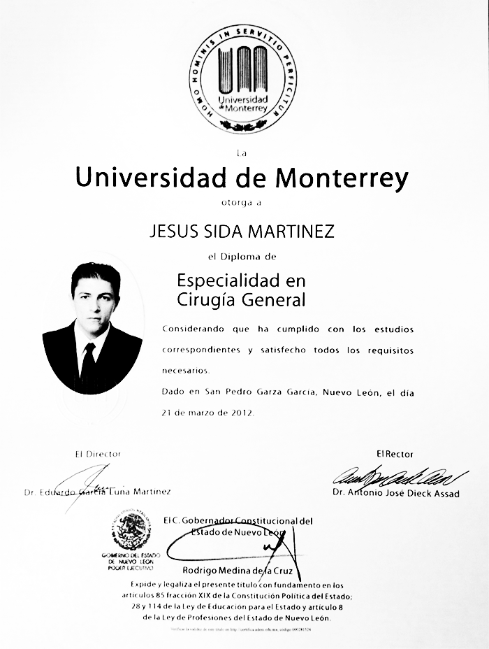Monterrey general surgeon doctor certificate