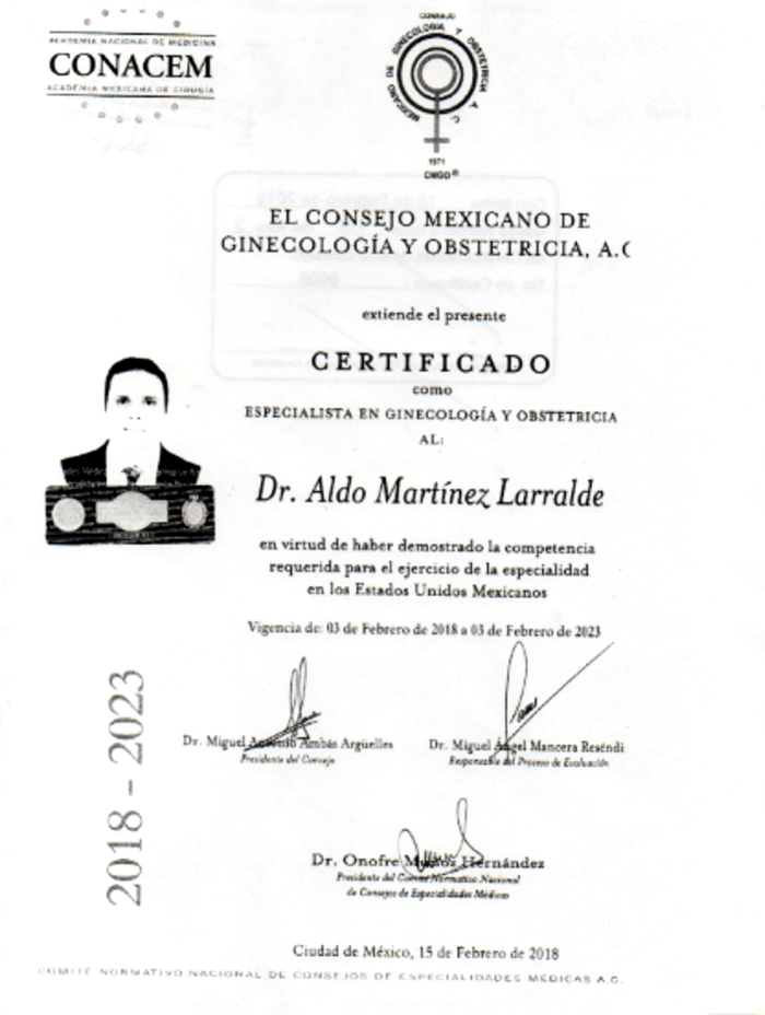 Monterrey Gynecologist doctor certificate