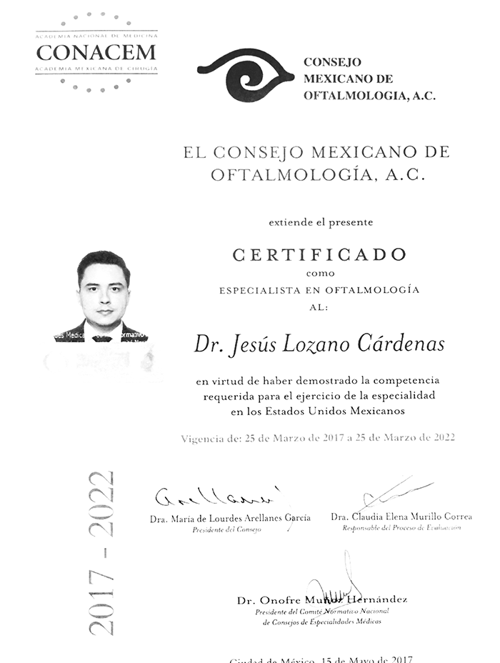 Monterrey ophthalmologic doctor certificate