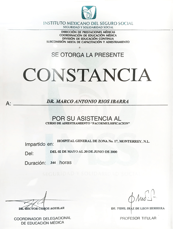 Reynosa ophthalmologic doctor certificate