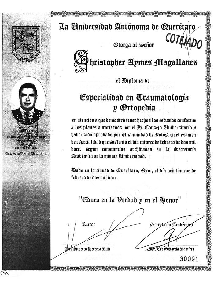 San Luis Potosi orthopedist doctor certificate